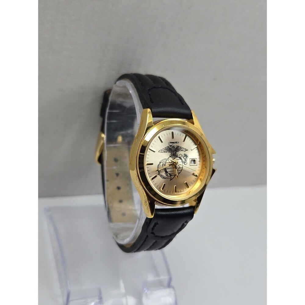 USMC Marine Corps EGA Gold Tone Womens Quartz Date Watch 29 MM Black New Battery - Picture 3 of 12